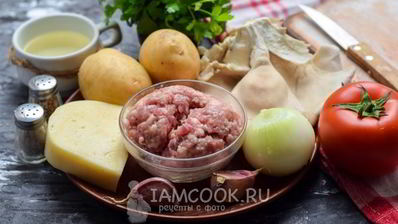 картофельная запеканка с фаршем и грибами