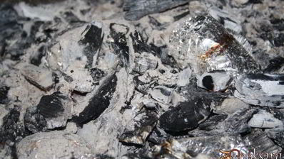 картофель с беконом и сухой кавказской аджикой в фольге в углях