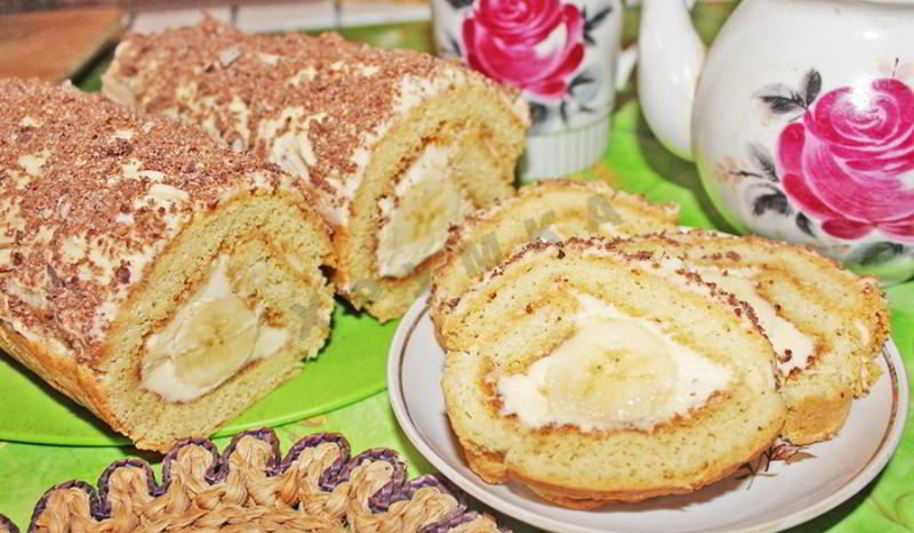 Рецепт бисквитного рулета с бананом