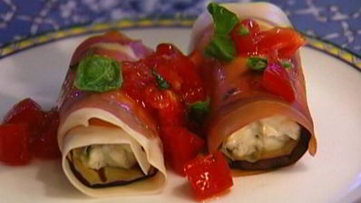 рулетики из баклажанов и ветчины с творожной начинкой