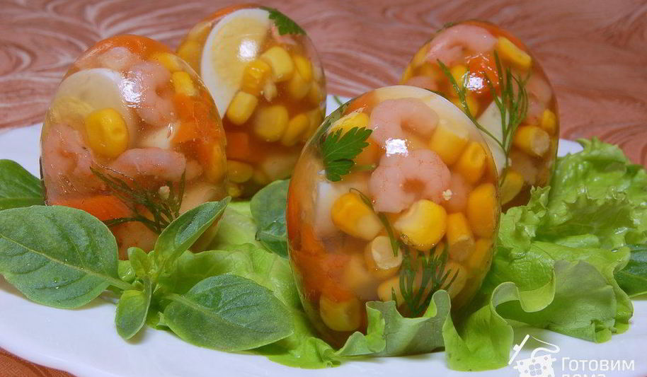 Рецепт заливного яйца фаберже с креветками